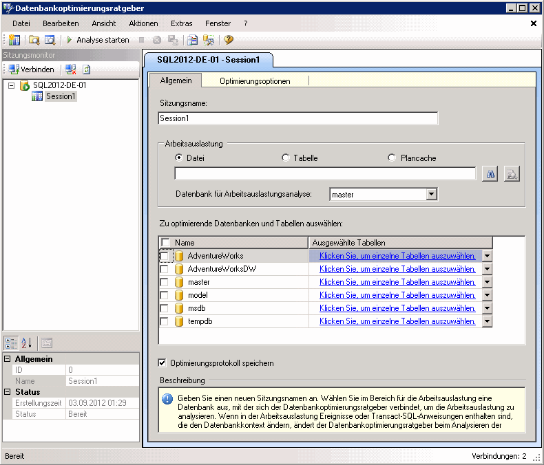 Datenbankoptimierungsratgeber (Standardfenster)