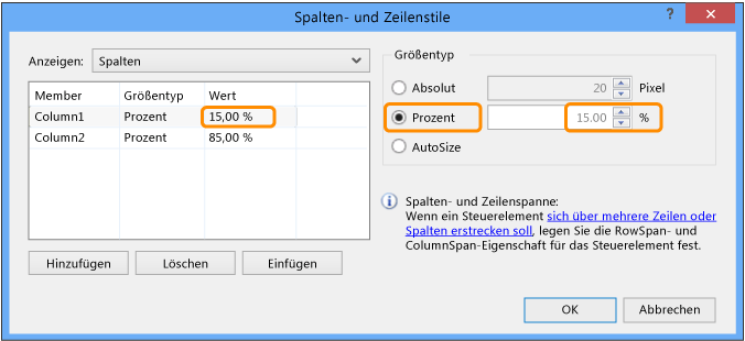Zeilen- und Spaltenstile für TableLayoutPanel