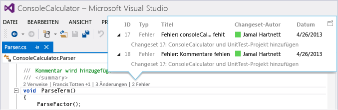 CodeLens - Find bugs linked to changesets