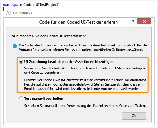 Coded UI-Test mithilfe des Fadenkreuztools generieren.