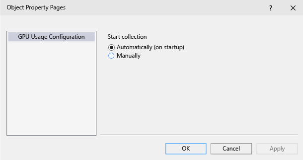 gfx_diag_gpu_usage_config Screenshot of Object Property Pages, showing collection options