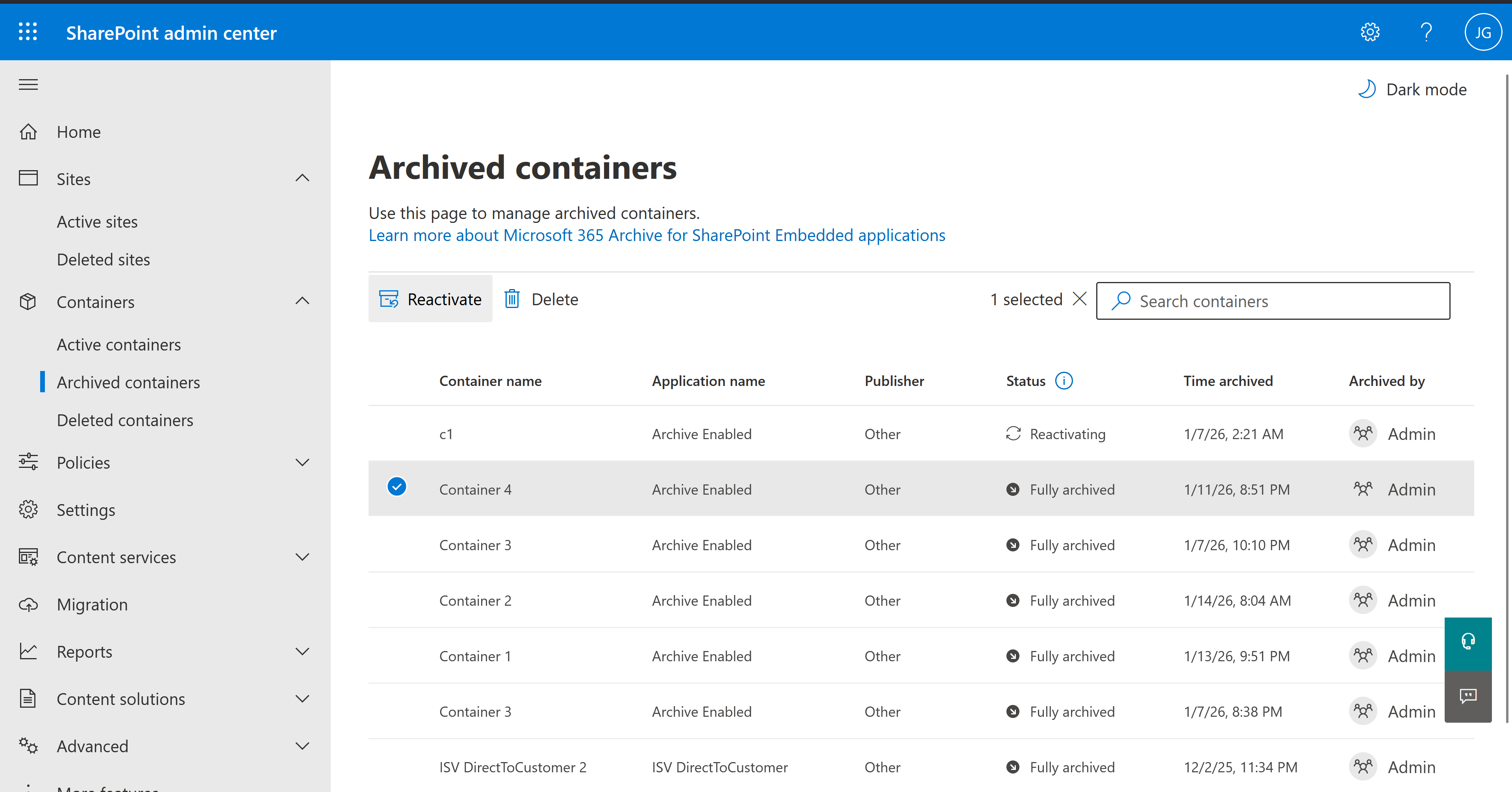 Reaktivieren eines vollständig archivierten Containers