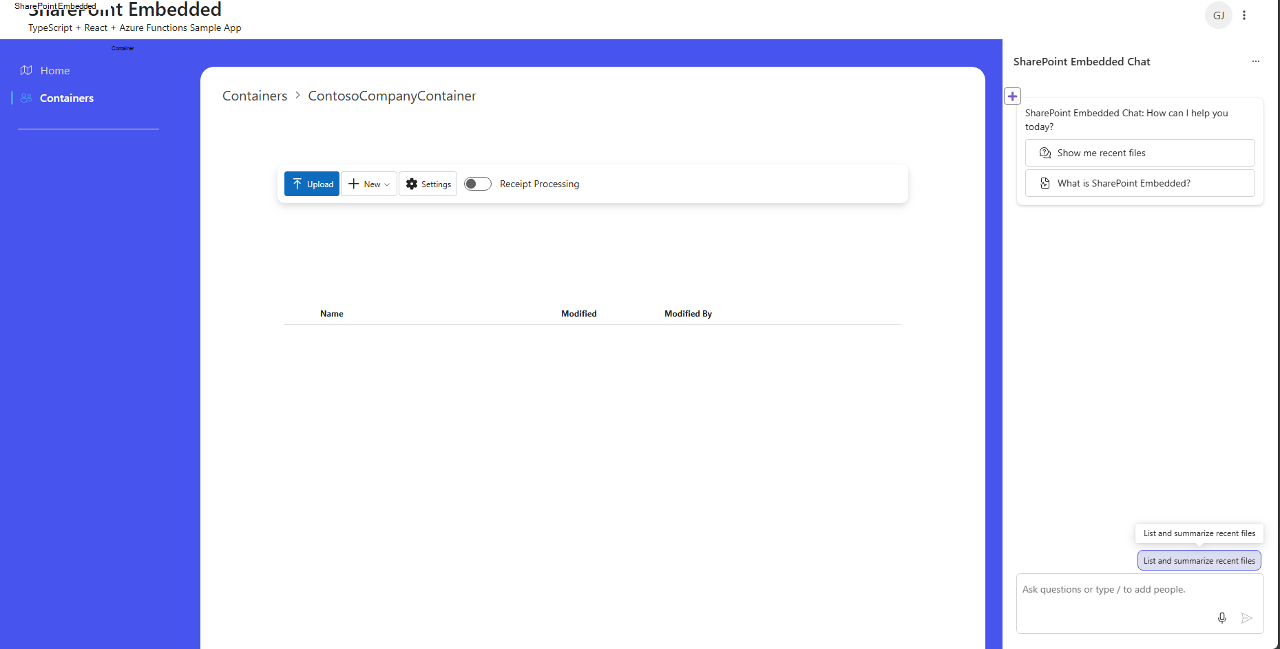 SPE Typescript-App, die im Edge innerhalb einer erstellten Containerseite von ContosoCompanyContainer ausgeführt wird