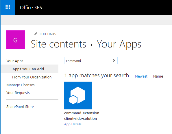 Installieren einer Erweiterung des Typs „ListView&nbsp;Command&nbsp;Set“ auf einer Website