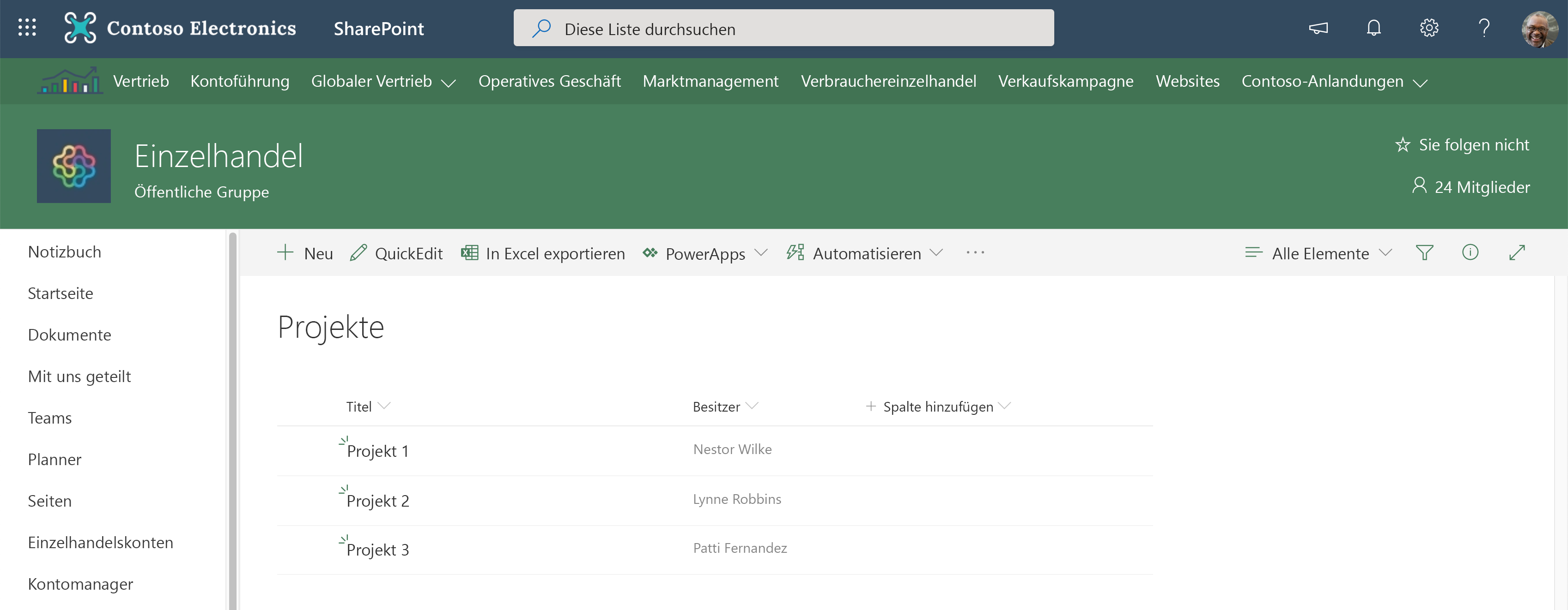 Projektlisten für die Lernprogramme zu den ersten Schritten mit Power Automate