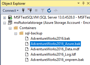 Screenshot aus dem Objekt-Explorer in SSMS, das die Sicherung der Momentaufnahme auf Azure zeigt.