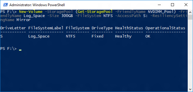 Screenshot eines Windows&nbsp;PowerShell-Fensters mit der Ausgabe des New-Volume-Cmdlets