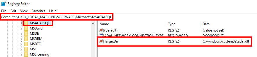 Screenshot des Registrierungsschlüssels für adal.dll.