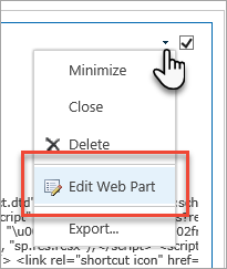 Screenshot: Abwärtspfeilmenü mit Hervorhebung des Webparts „Bearbeiten“