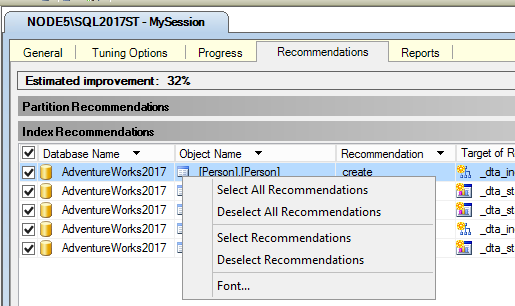 Screenshot des Auswahlmenüs für die Indexempfehlung.