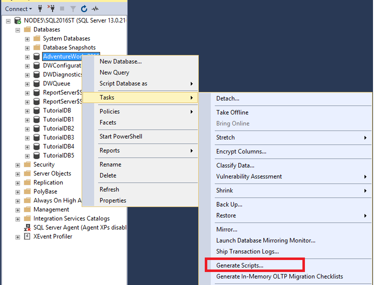 Screenshot der Erstellung von Skripts für Datenbanken.