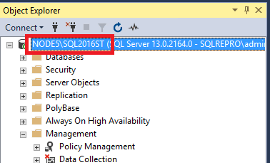 Screenshot des SQL Server-Instanznamens im Objekt-Explorer.