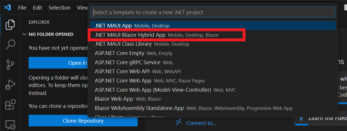 Screenshot: Bildschirm „Neues Projekt erstellen“ in Visual Studio&nbsp;Code und .NET MAUI Blazor-App-Vorlage