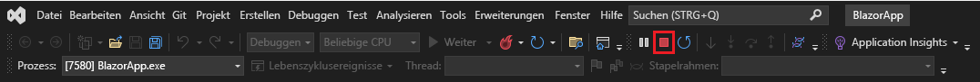 Screenshot der Debugsymbolleiste in Visual Studio mit hervorgehobener Schaltfläche „Debuggen beenden“.