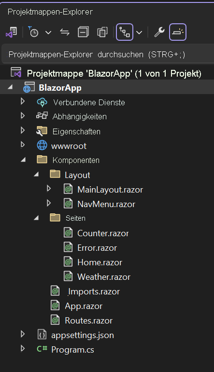 Screenshot: Projektmappen-Explorer in Visual Studio 2022 mit einer Liste der Dateien in einem Blazor-Standardprojekt.
