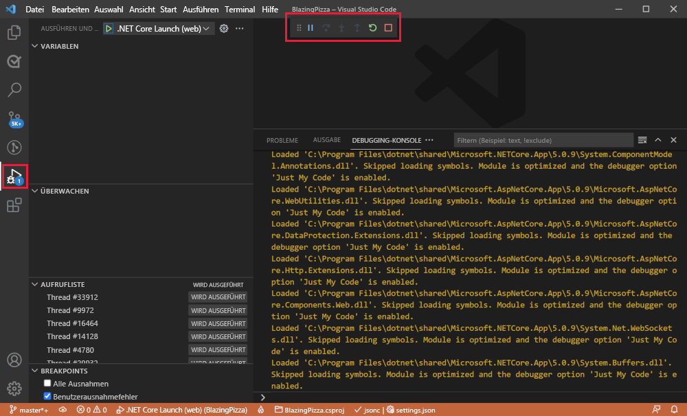 Screenshot showing the debugging window in Visual Studio Code.