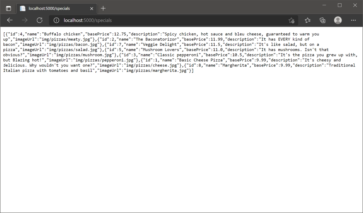Screenshot des Browsers, der JSON für Pizzas anzeigt.