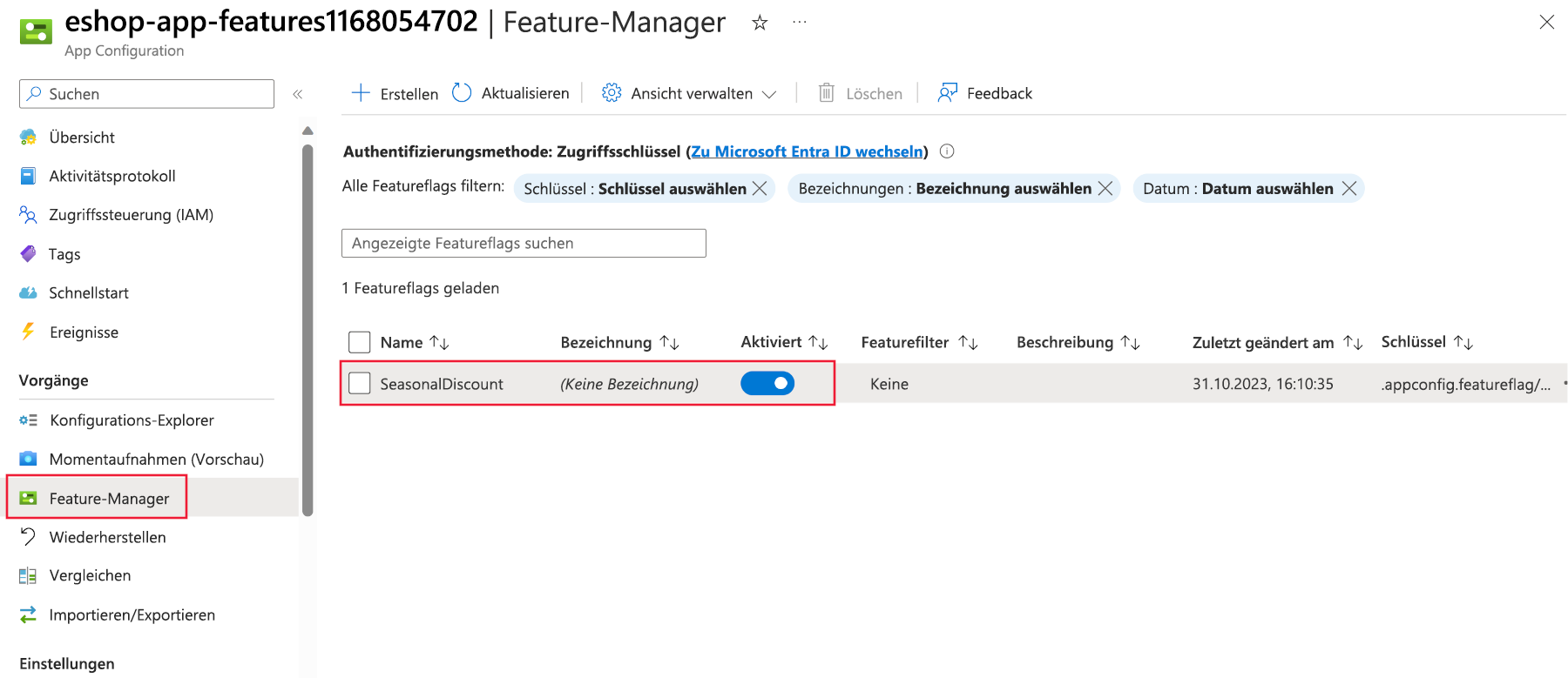 Screenshot des neuen hinzugefügten Feature-Flags.