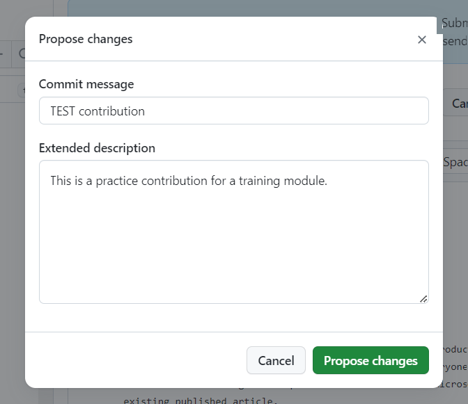 Screenshot des Felds der Commit-Nachricht, das mit dem Beitrag „TEST“ ausgefüllt ist.