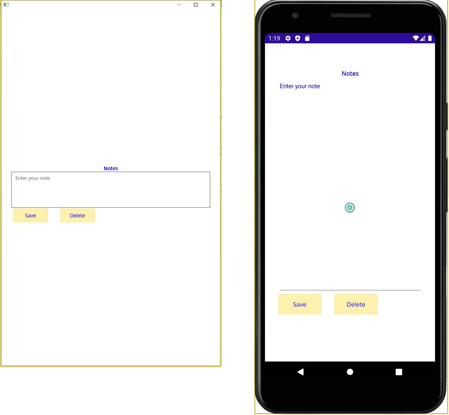 Screenshot der Notizen-App, die unter Windows und Android ausgeführt wird.