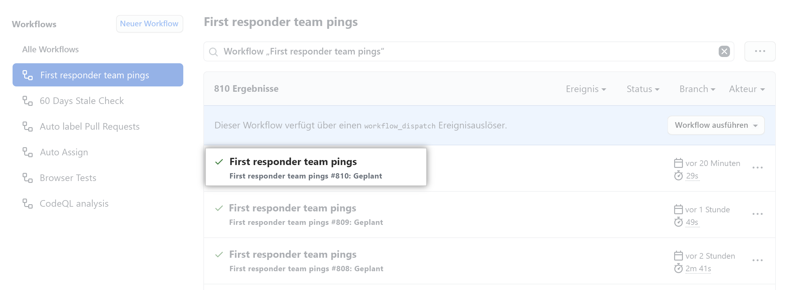 Screenshot eines Beispielworkflows, der auf GitHub ausgeführt wird