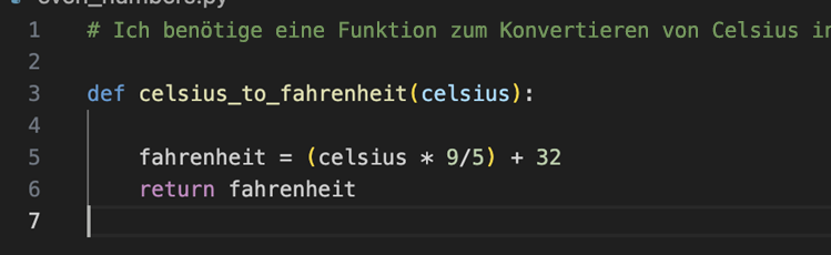 Screenshot: Erstellung eines Temperaturkonvertierungscodes durch Copilot auf der Grundlage eines Kommentars