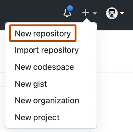 Screenshot des Dropdownmenüs des Pluszeichens in der oberen rechten Ecke GitHub.com, wobei die erste Option 