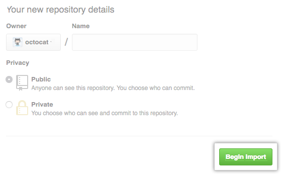 Screenshot der Schaltfläche „Import starten“ zum Importieren eines neuen Repositorys.