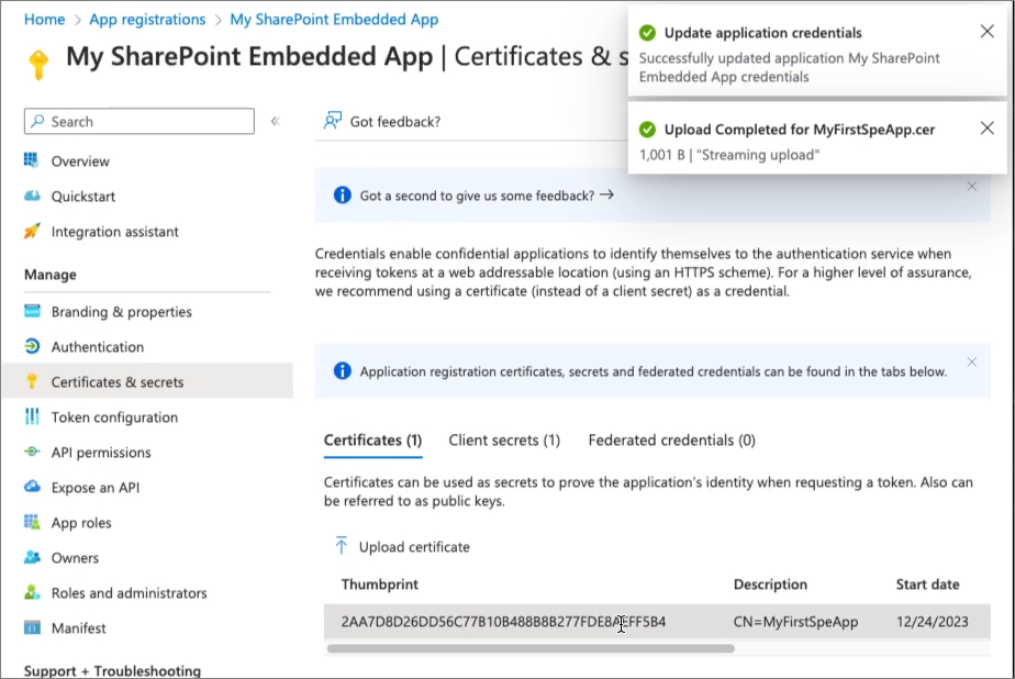Screenshot: Hochladen des Zertifikats in die anwendung Microsoft Entra ID
