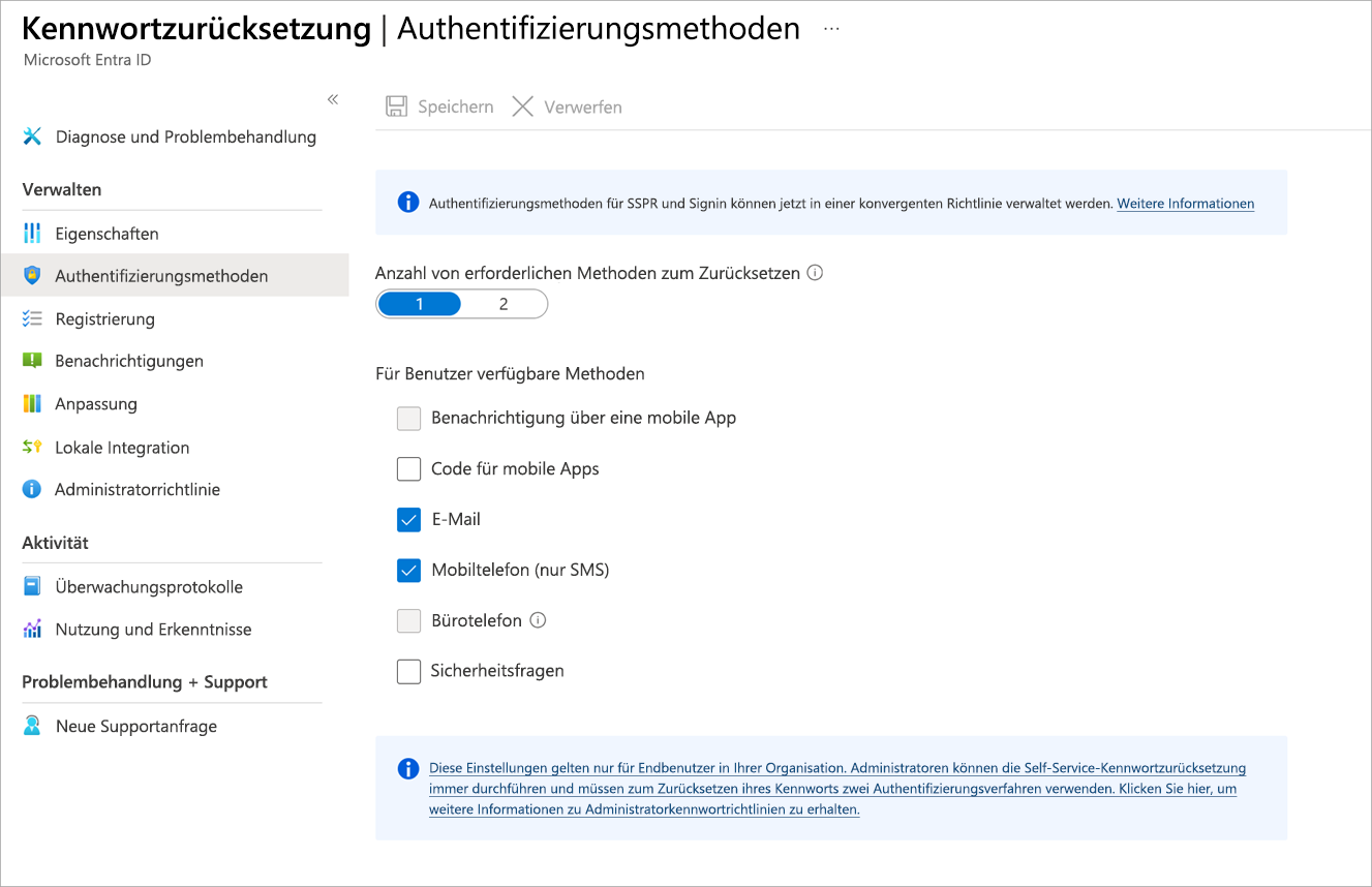 Screenshot: Bereich mit Authentifizierungsmethoden und ausgewählter Option für die Authentifizierungsmethoden im Bereich für die Kennwortzurücksetzung