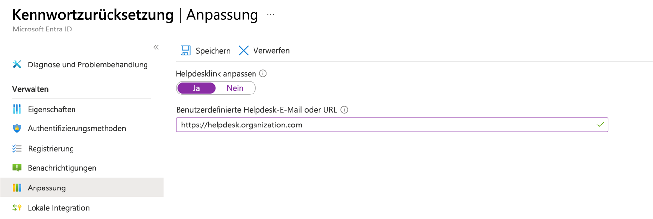 Screenshot: Bereich mit Helpdeskoptionen und ausgewählter Option für die Anpassung im Bereich für die Kennwortzurücksetzung