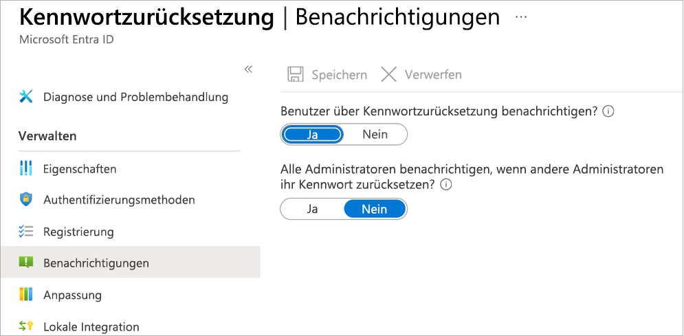 Screenshot: Bereich mit Benachrichtigungsoptionen und ausgewählter Option für die Benachrichtigung im Bereich für die Kennwortzurücksetzung