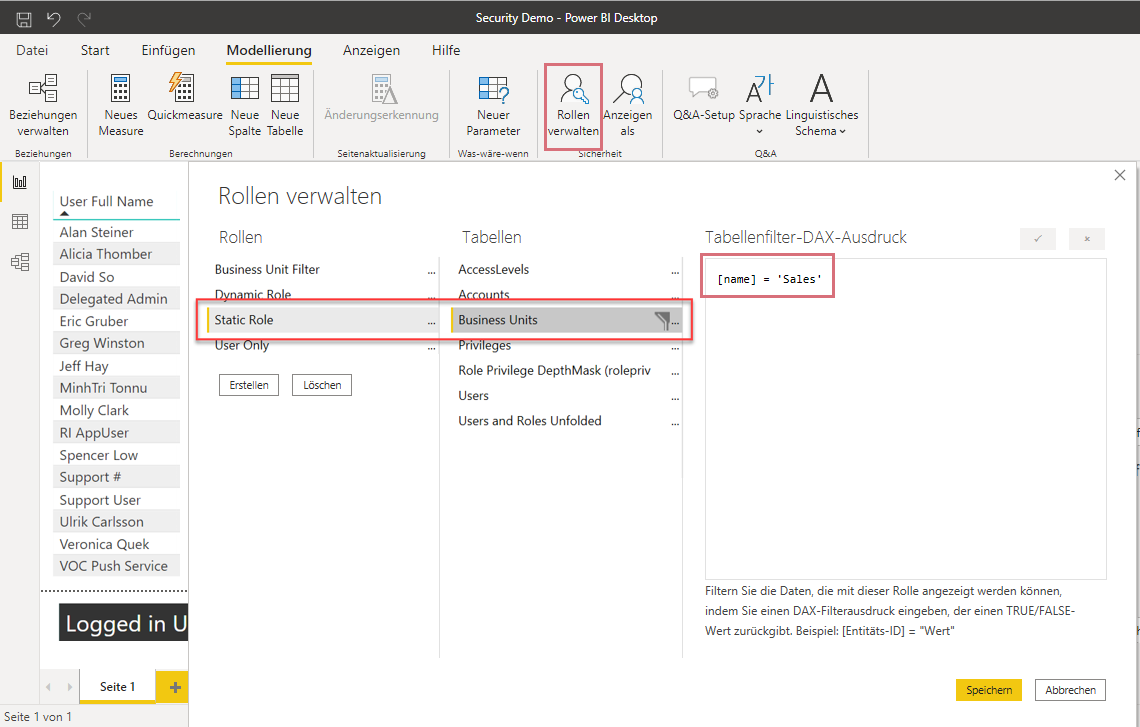 Screenshot der Sicherheit auf Zeilenebene
