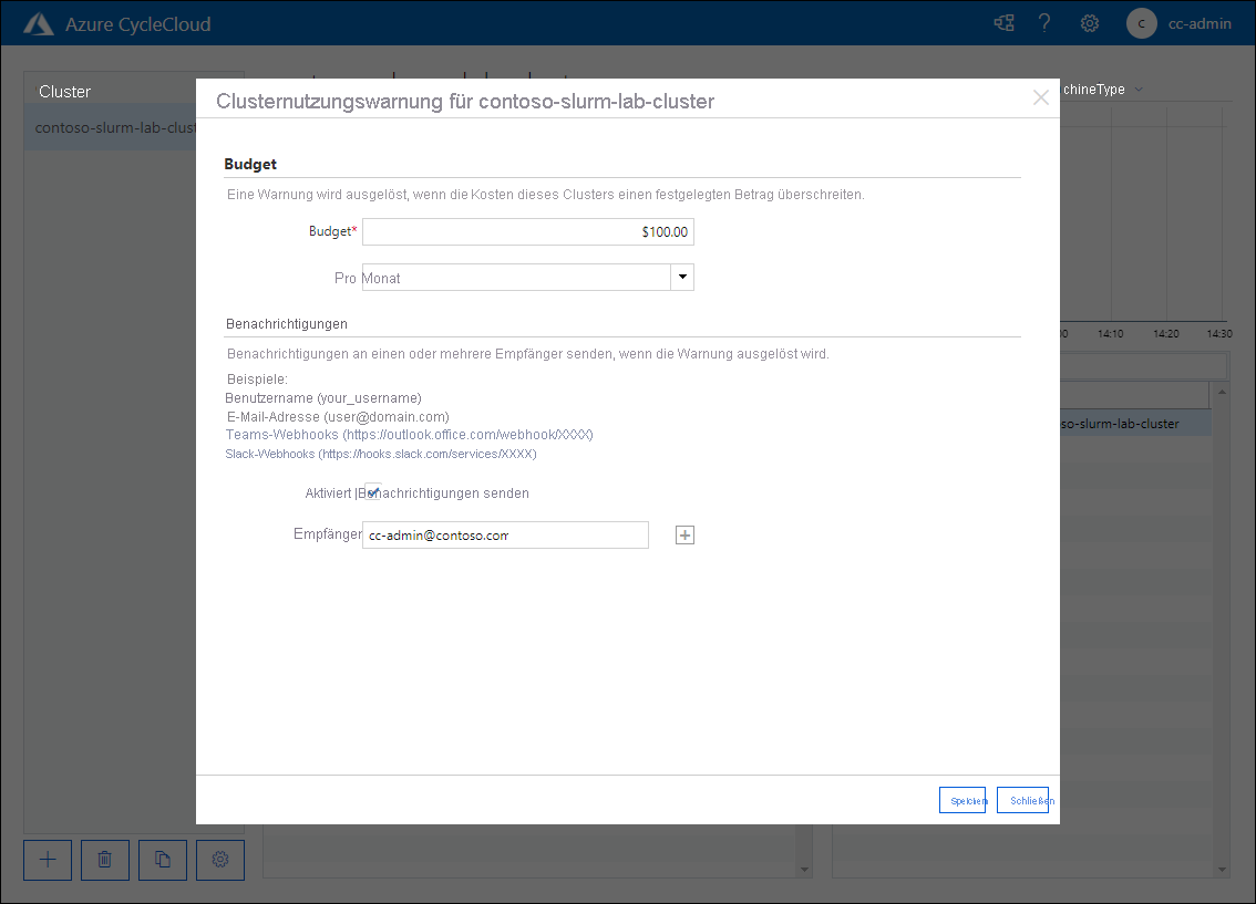 Screenshot der Clusterverwendungswarnung für das Popupfenster 