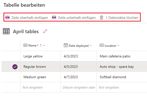 Screenshot einer ausgewählten und bereits eingegebenen Tabellenzeile mit den neuen markierten Optionen Zeile oben einfügen, Zeile unten einfügen und Datensatz löschen.