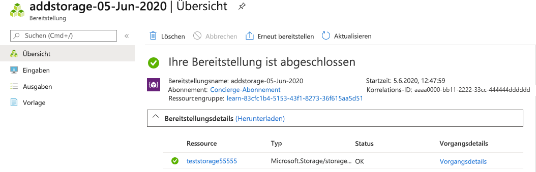 Screenshot der Azure-Portalschnittstelle für die spezifische Bereitstellung mit einer aufgelisteten Ressource.