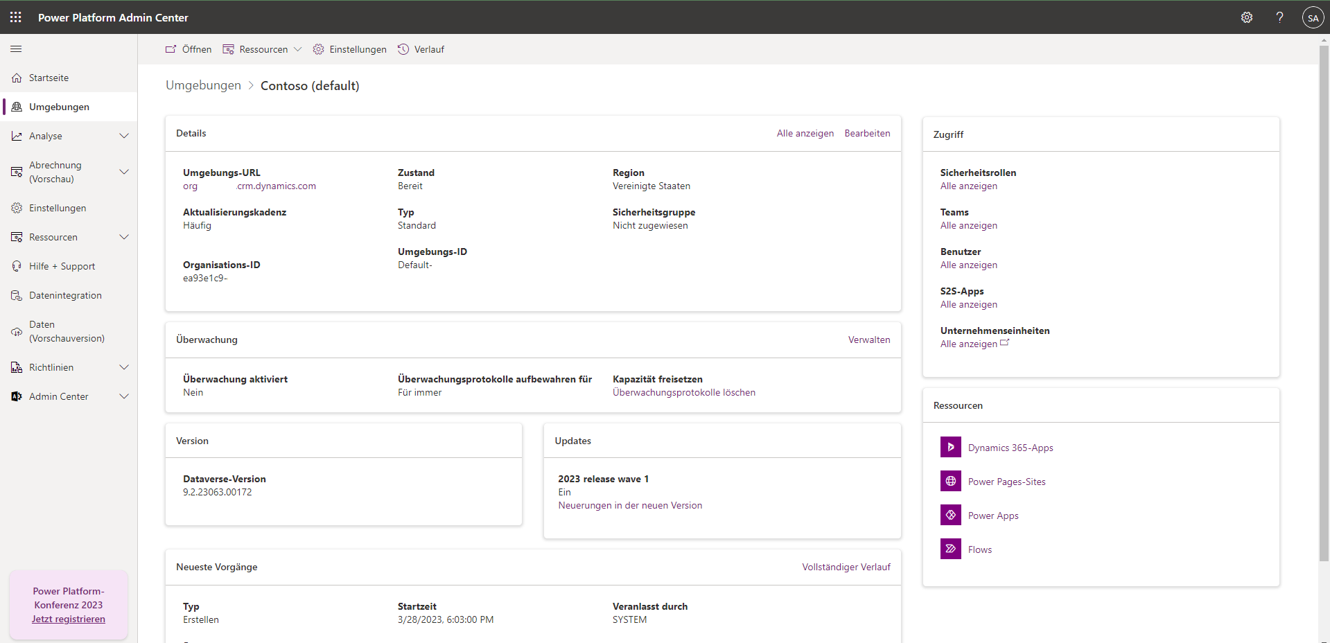 Screenshot des Umgebungs-Dashboards mit den verschiedenen Informationsbereichen.