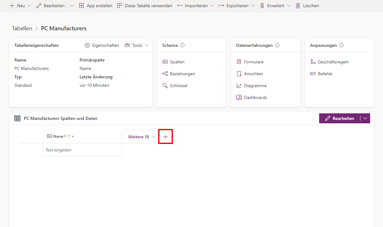 Screenshot des Bildschirms „Tabelle“ mit der hervorgehobenen Schaltfläche „Hinzufügen“ neben den Spalten und dem Datenbereich