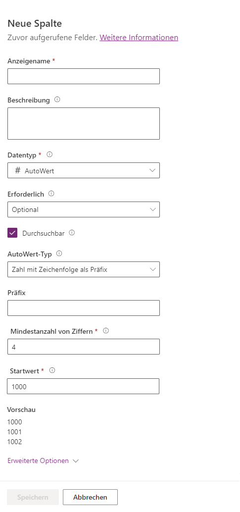 Screenshot der Bearbeitung der Spalte für die automatische Nummerierung