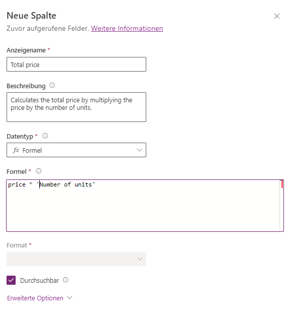 Screenshot der Bearbeitung der Primärspalte