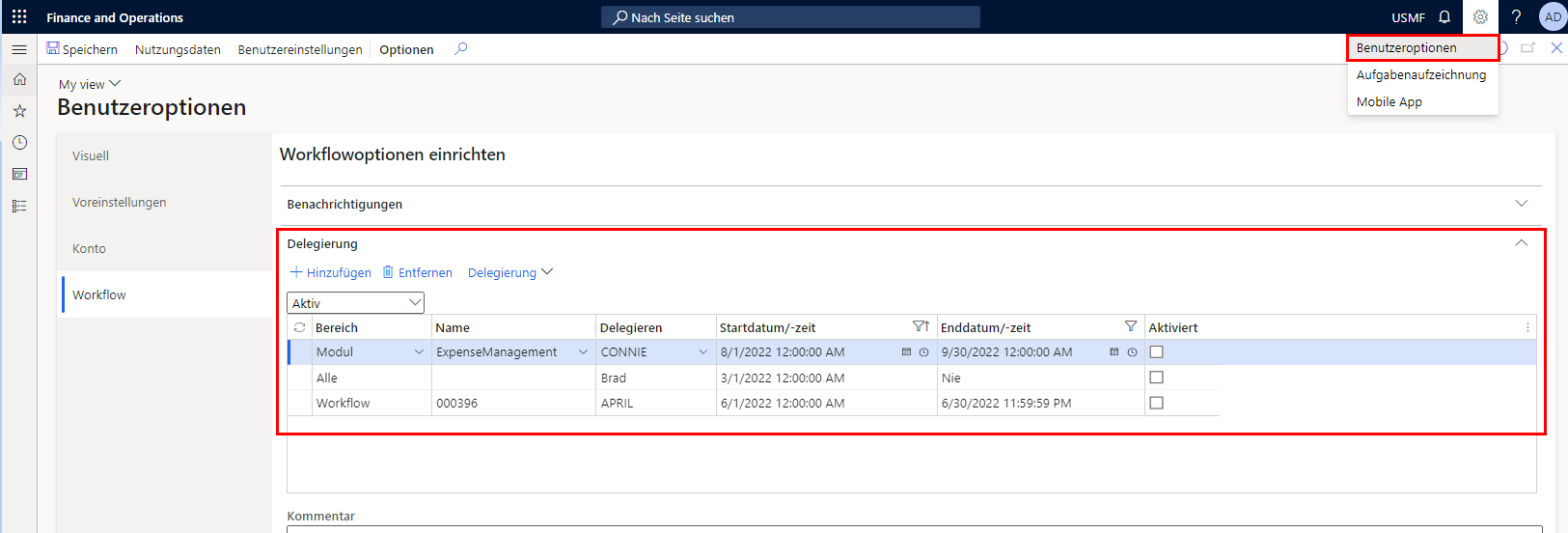 Screenshot der Seite „Benutzeroptionen“ und das Inforegister „Workflowoptionen einrichten“