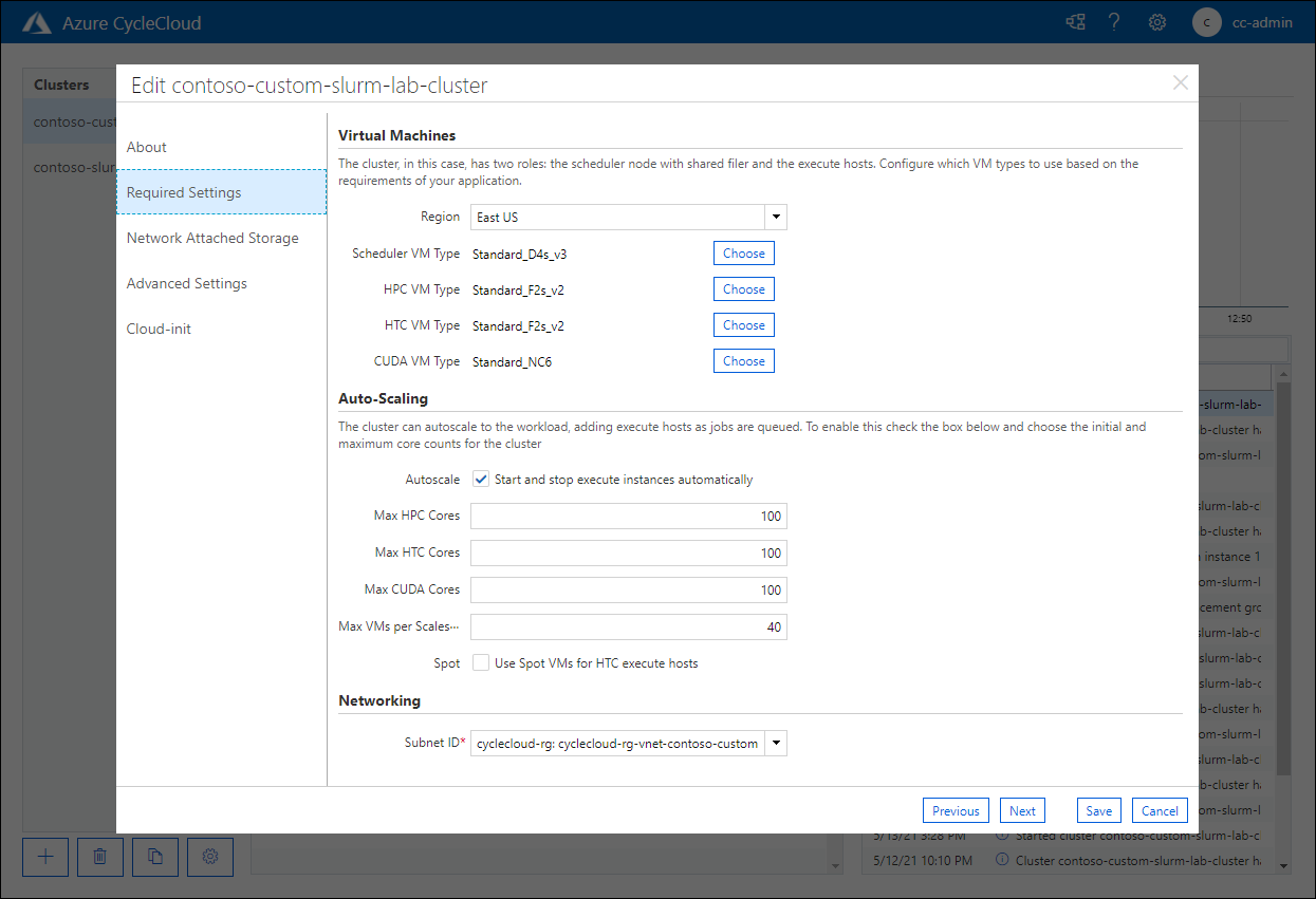 Screenshot der Seite „Erforderliche Einstellungen“ des Popupfensters „contoso-custom-slurm-lab-cluster bearbeiten“.