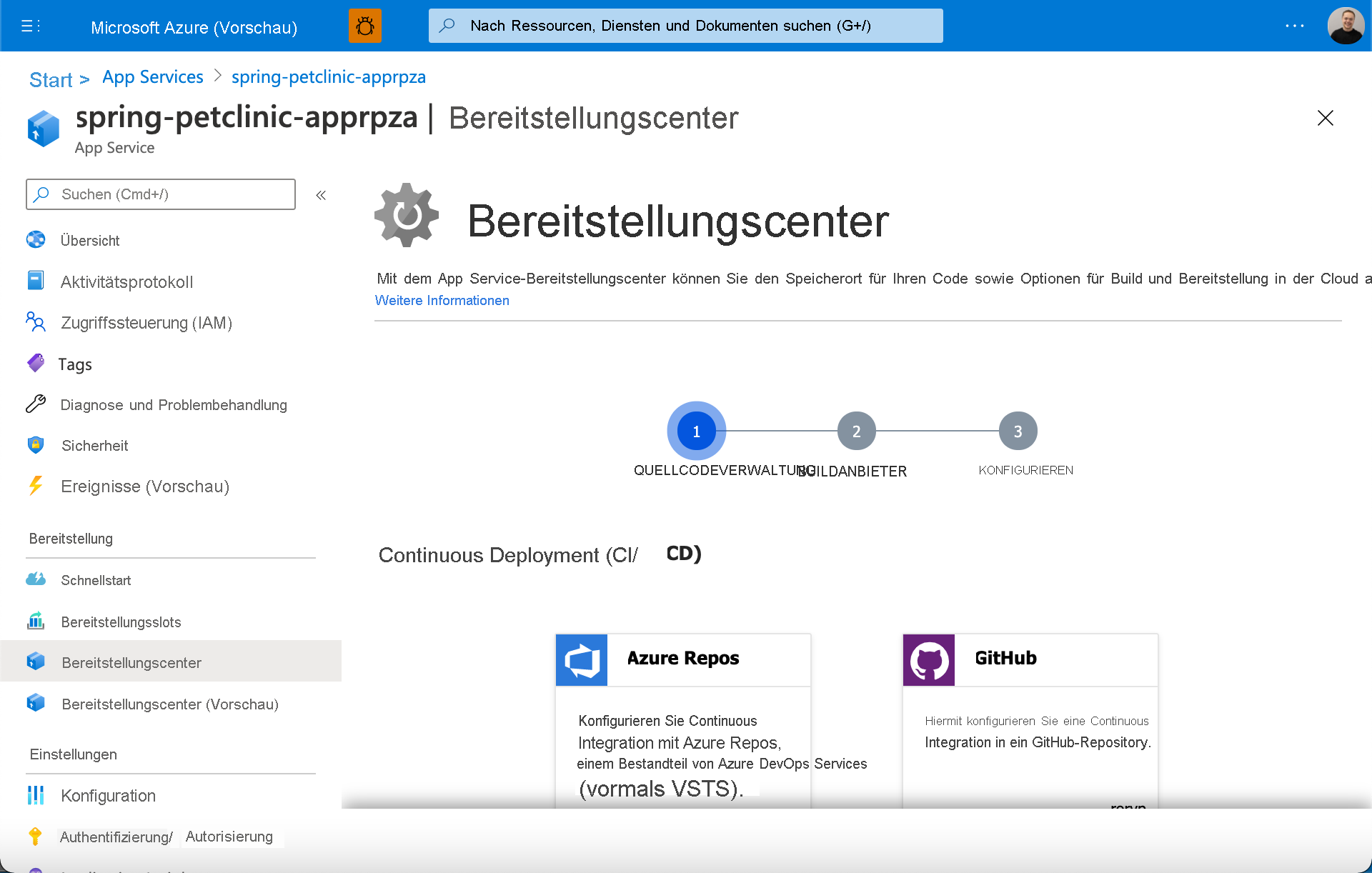 Screenshot des Azure App Service Deployment Centers.