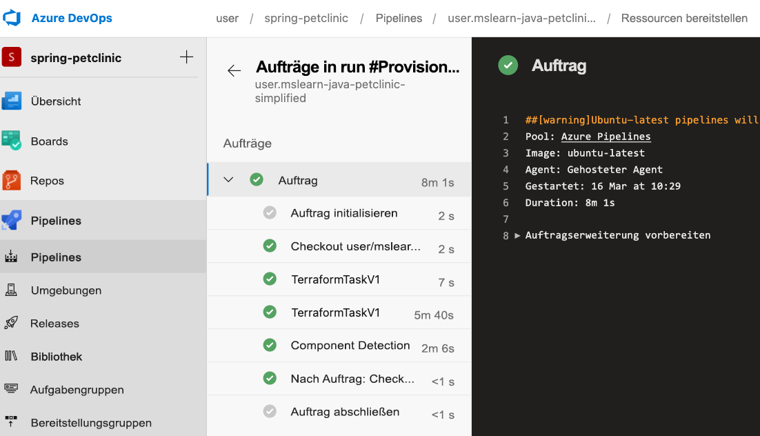 Screenshot der neuen Ausführung der Azure-Pipeline.