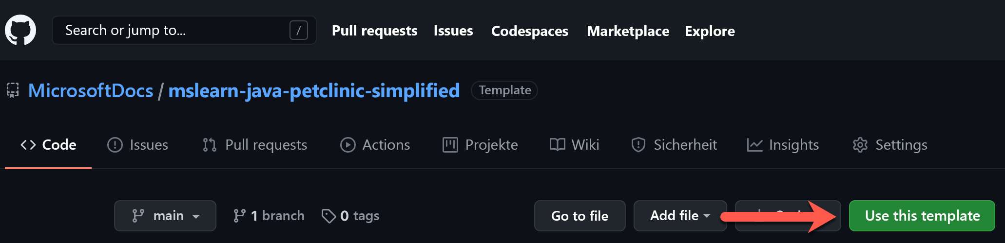 Screenshot der Schaltfläche „Diese Vorlage verwenden“ auf der Hauptseite „mslearn-java-petclinic-simplified“.