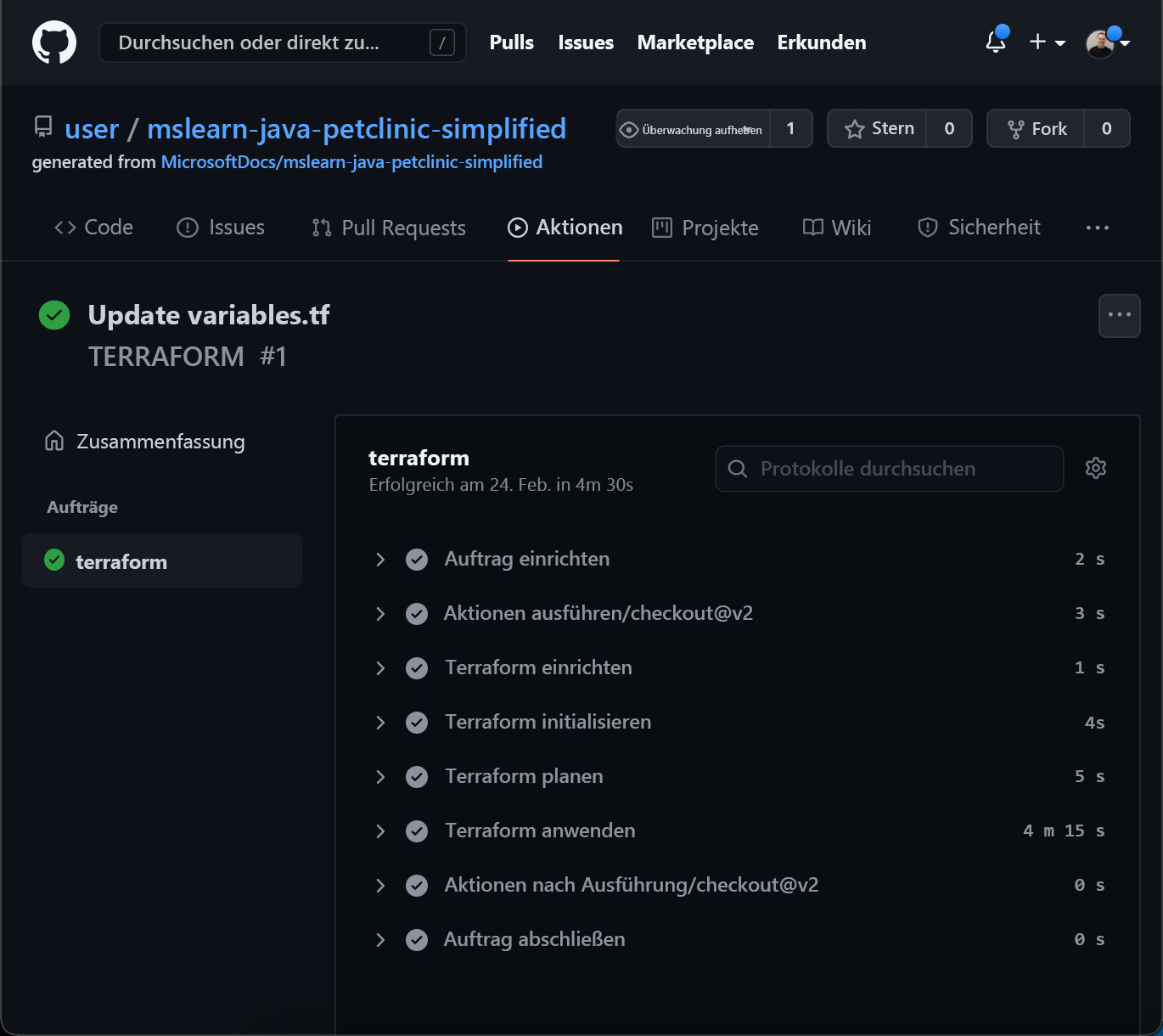 Screenshot mit den Ergebnissen des Terraform-Workflows.