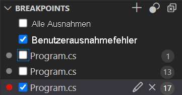 Screenshot mit den im Bereich „Haltepunkte“ aufgeführten Haltepunkten.