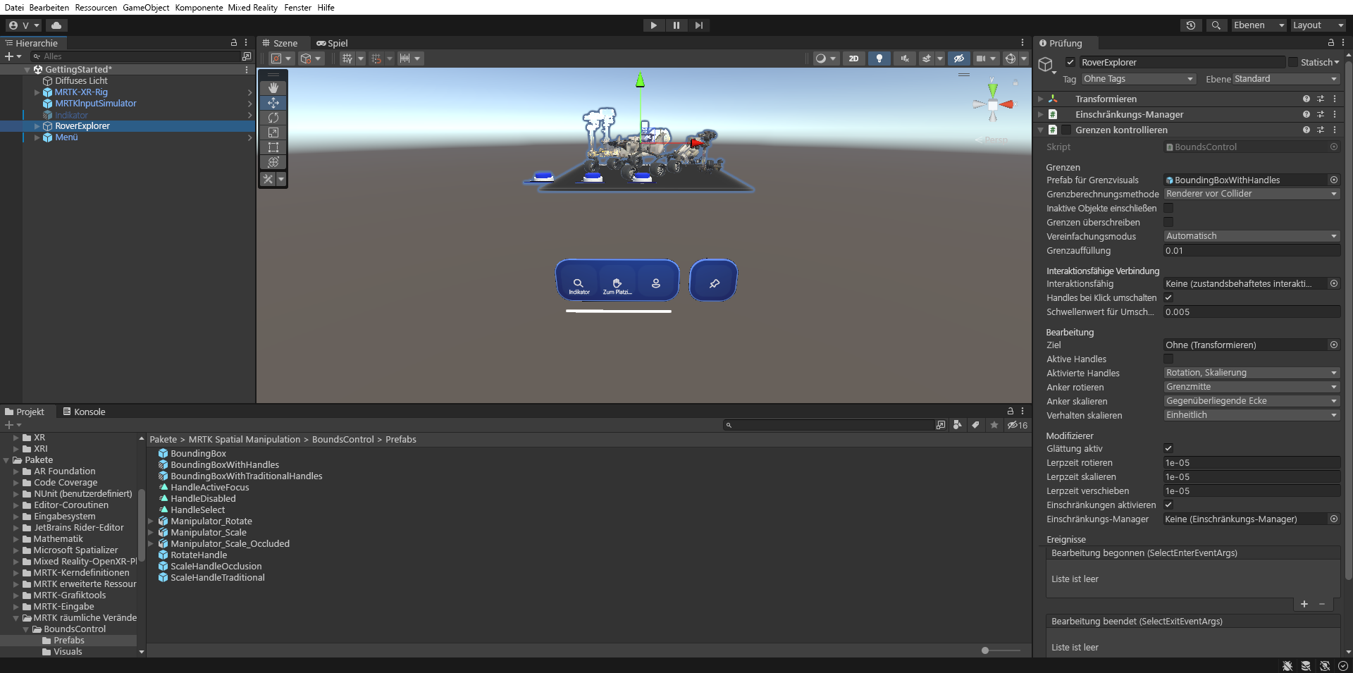 Screenshot von Unity mit ausgewähltem RoverExplorer-Objekt und konfiguriertem Feld