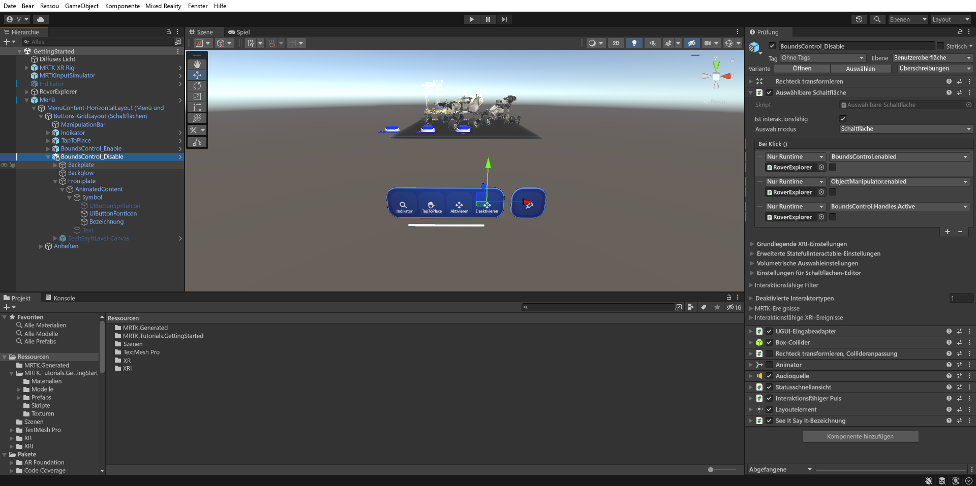 Screenshot von Unity mit ausgewähltem BoundsControl_Disable-Schaltflächenobjekt und konfigurierter Komponente