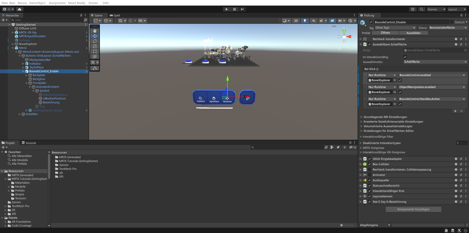 Screenshot von Unity mit ausgewähltem BoundsControl_Enable-Schaltflächenobjekt und konfigurierter Komponente